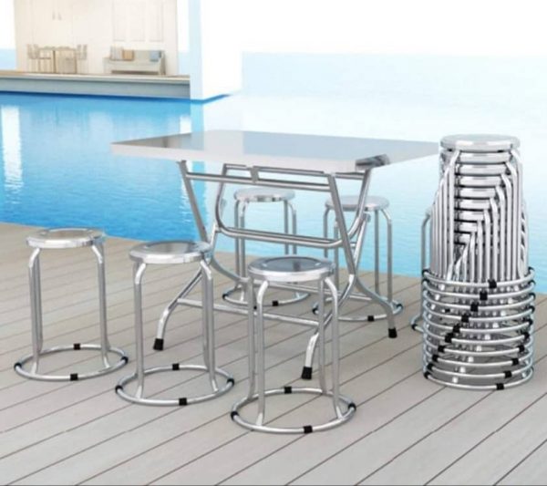 Bộ bàn ăn inox bàn xếp gồm một bàn 6 ghế chân tròn dùng cho tiểu học