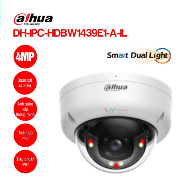 Camera IP Dahua DH-IPC-HDBW1439E1-A-IL 4MP Full Color Ánh Sáng Kép Chống Va Đập