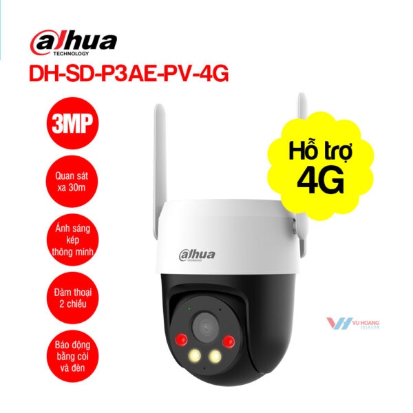 Camera 4G Dahua DH-P3AE-PV-4G 3MP, Quay 360°, Full Color, Còi Đèn, AI