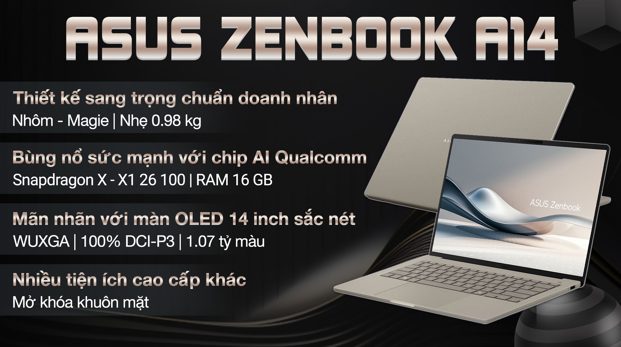 ASUS Zenbook A14 UX3407QA – Snapdragon X1 | 16GB | 512GB | 14″ OLED WUXGA
