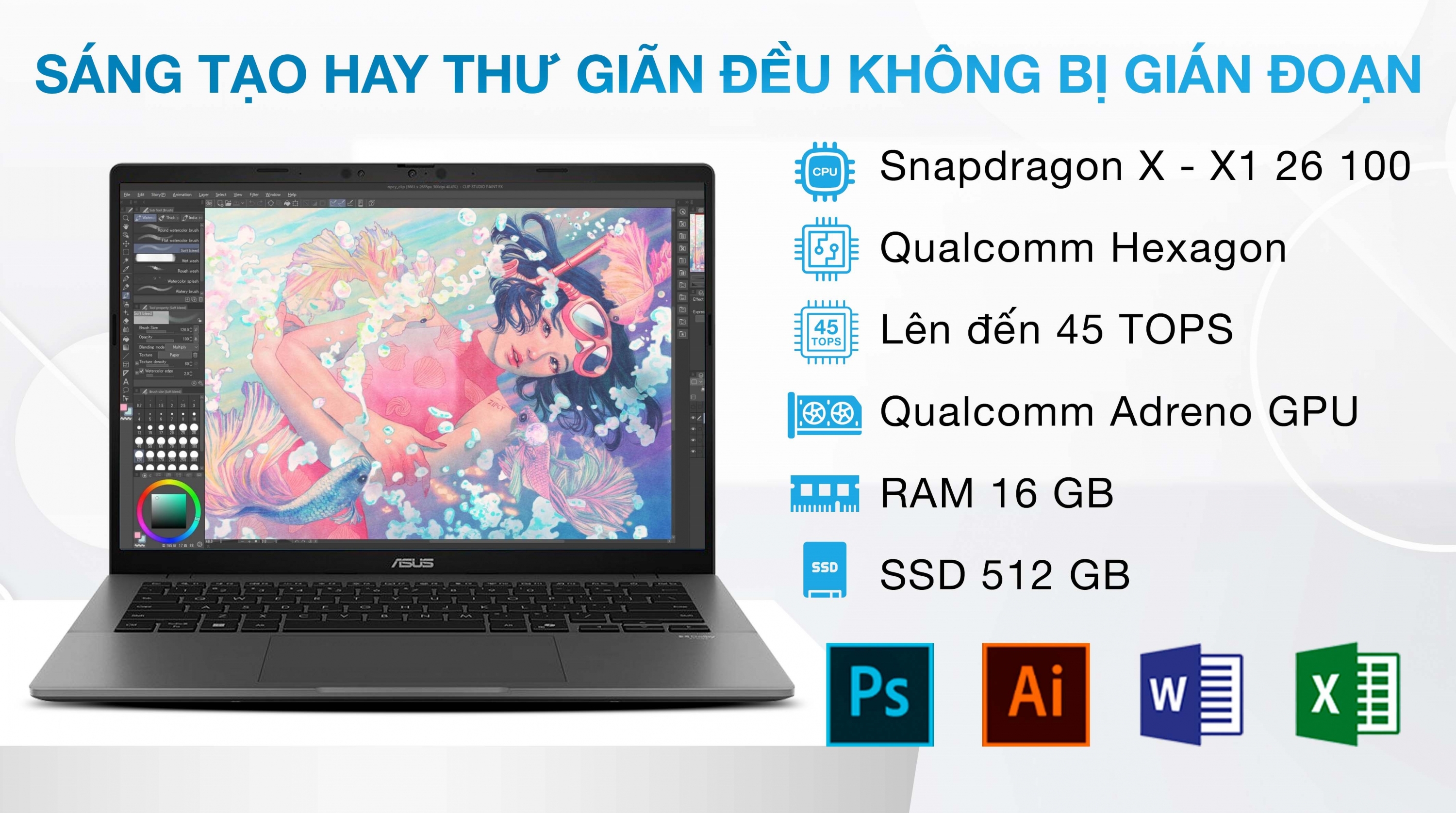 ASUS Vivobook S14 Snapdragon X X1-26100 RAM 16GB SSD 512GB 14