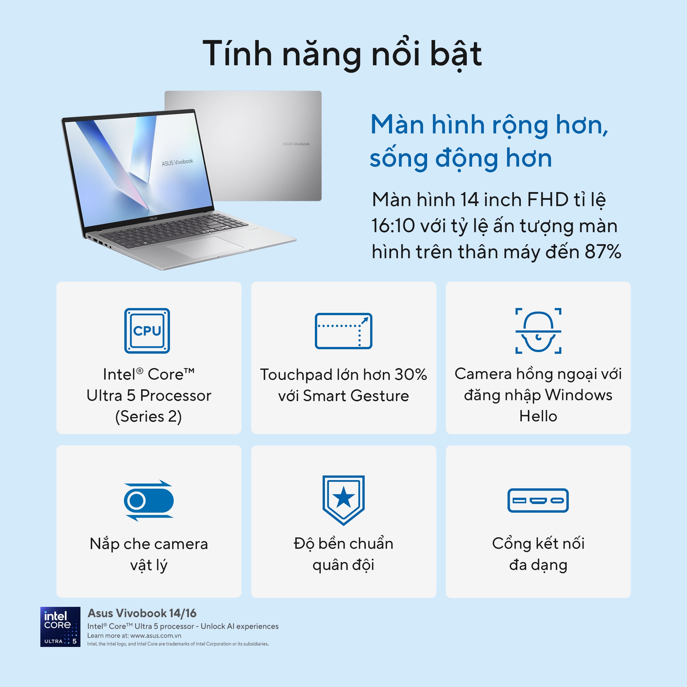 Laptop Asus Vivobook 14 A1407CA-LY008WS (Ultra 5 225H/ 16GB/ 512GB SSD/ 14 inch WUXGA/ Win 11/ Office/ Silver)