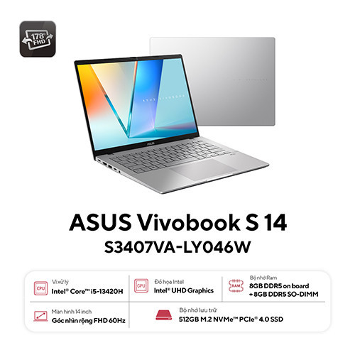 Laptop Asus Vivobook S14 S3407VA-LY046W (i5 13420H/ 16GB/ 512GB SSD/ 14 inch WUXGA/ Win11/ Silver/ Vỏ nhôm)