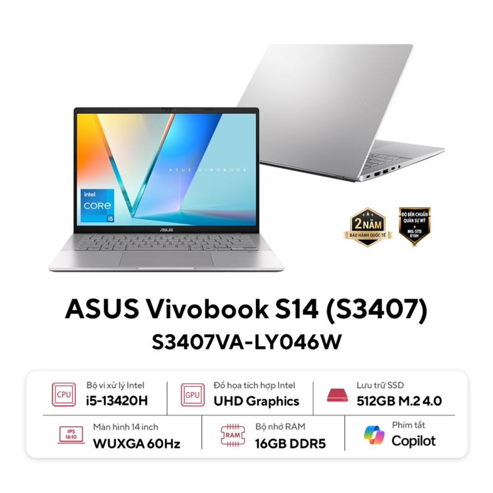 Laptop ASUS Vivobook S14 S3407VA-LY046W (Intel Core i5-13420H | 16GB | 512GB | Intel UHD | 14 inch WUXGA IPS 60Hz | Win 11 | Bạc)