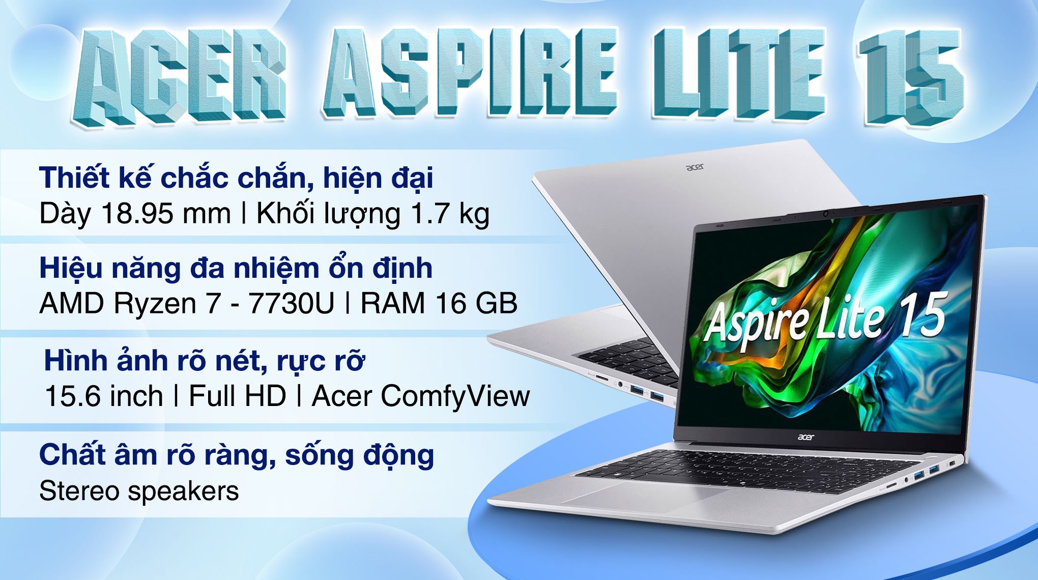 Acer Aspire Lite 15 AL15-42P – R7-7730U | 16GB | 512GB | 15.6″ FHD | Win 11 + Office 2024