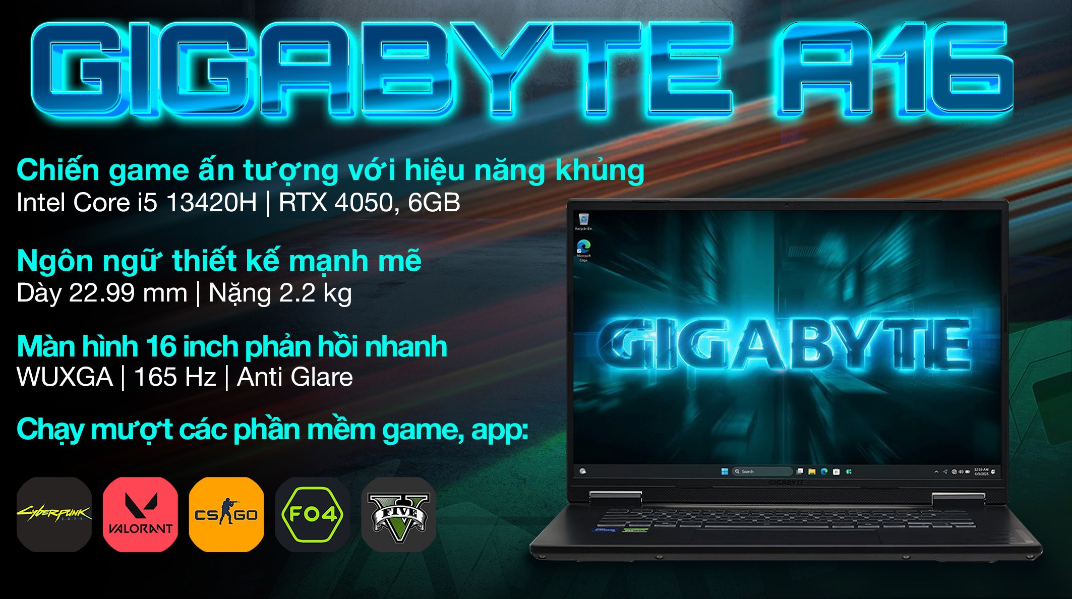 Laptop Gaming GIGABYTE Gaming A16 CMHI2VN894SH (Intel Core i5‑13420H/16GB/1TB/RTX 4050/16″ 165Hz)