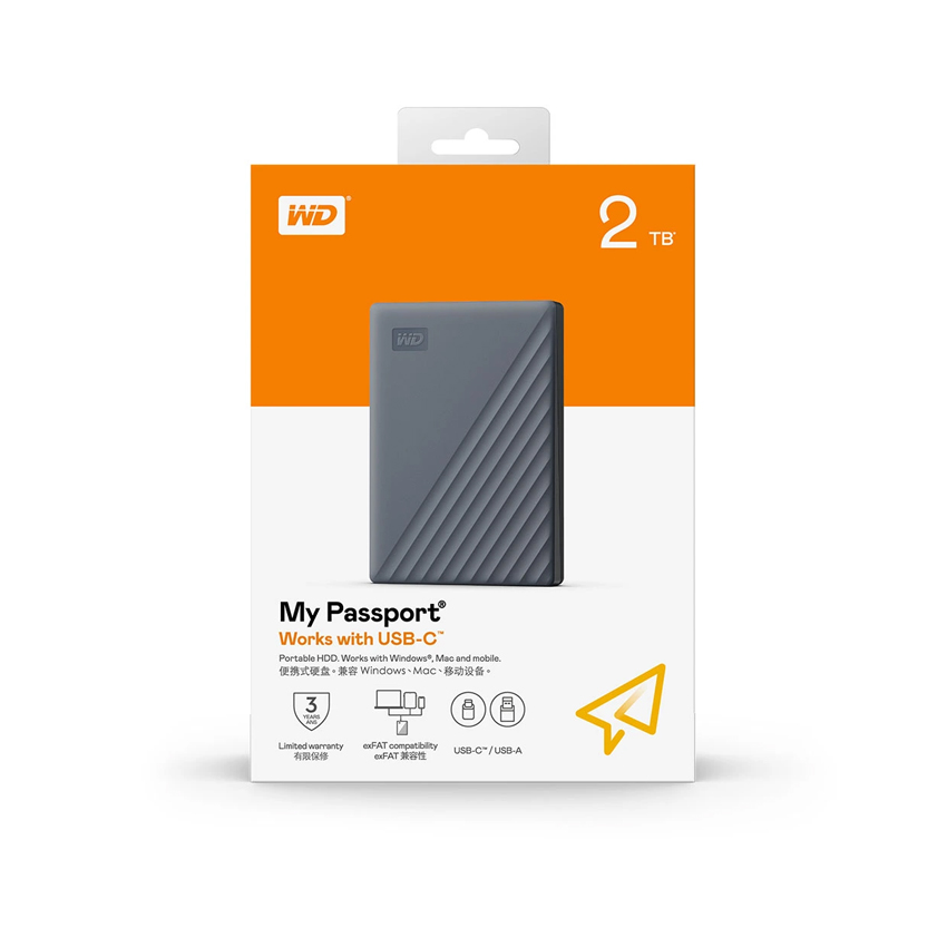 Ổ Cứng Di Động WD My Passport 2TB – USB Type‑C 2.5″, Silicon Grey (WDBWML0020BGY‑WESN)