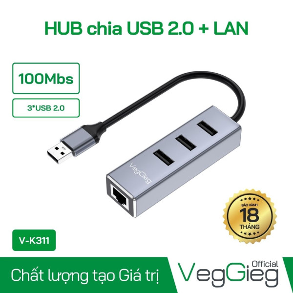 Bộ Chia USB 2.0 LAN Adapter 3 Cổng VegGieg V-K311 – Hub USB + LAN RJ45